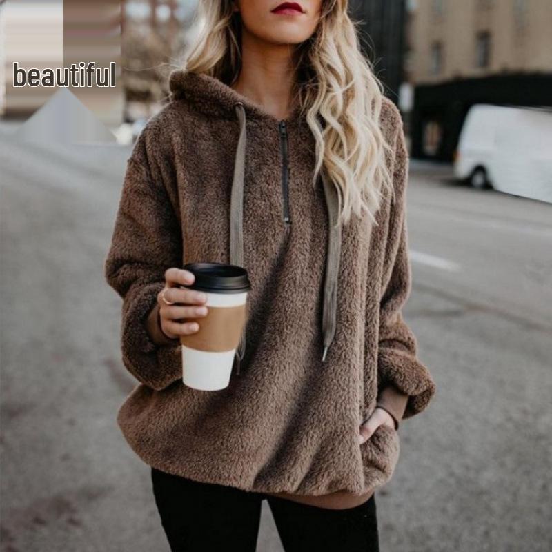 Women's Plush Hooded Fleece Pullover Sweatshirt - Long-Sleeved, Loose Fit, Autumn/Winter.
