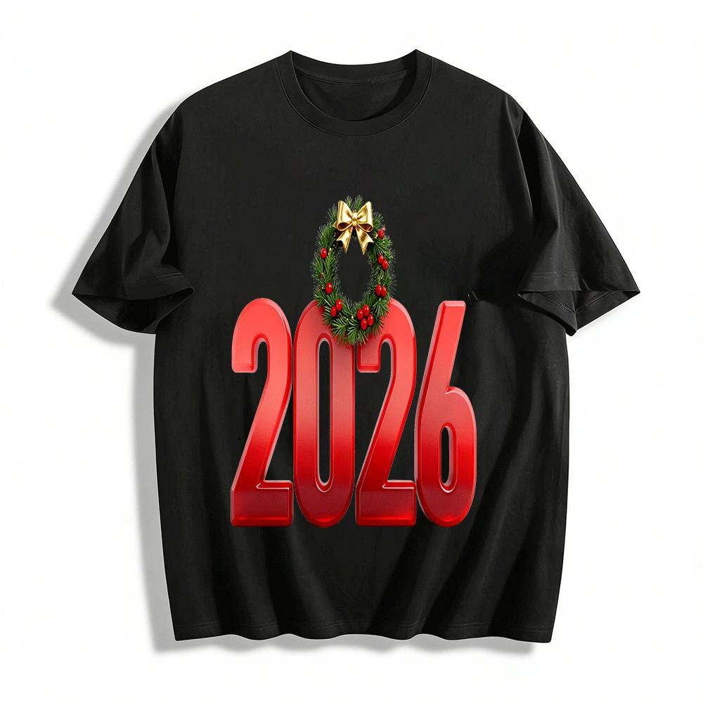 2026 New Year Christmas Wreath Print Casual Loose Crewneck Top Pure cotton T-shirt XXS