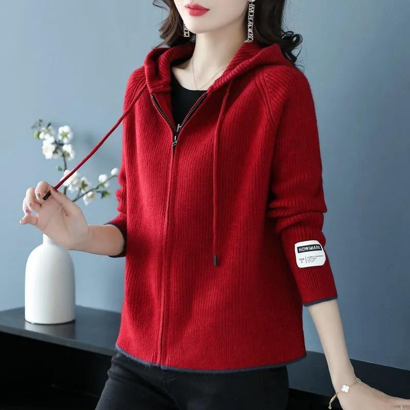 

Свитера Пальто Кардиган для Женщин Осень Зима Большой Размер Свободный Длинный Рукав Вязаный Кардиган С Капюшоном Свитера Куртка M красный