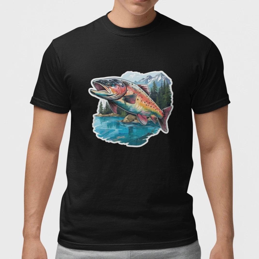 Trout Fishing T Shirt Lake Mountain Fish Tee Outdoor Nature Fisherman Shirt Gift XXL