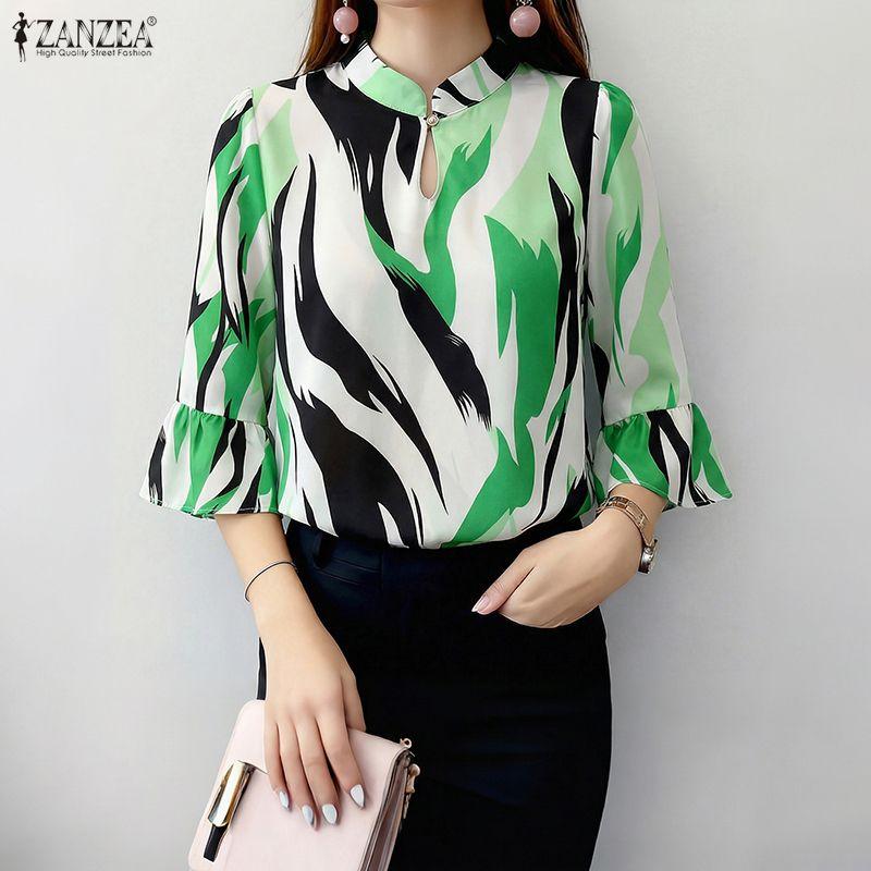 ZANZEA Women Casual Stand Collar Loose 3/4 Sleeve Print Blouse