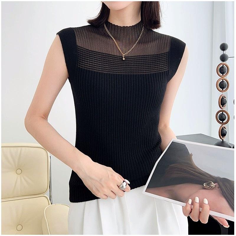 

Vest Sleeveless Cut-out Top for Women Thin Patchwork Knitted Top for Women Spring and Autumn Innerwear T-shirt S чорний
