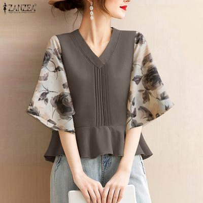 Women Round Neck Loose Casual Splice 3/4 Sleeve Blouse