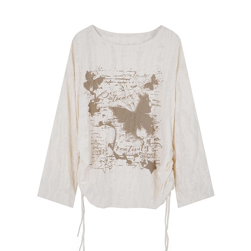 

VAYLA Американский Ретро Бабочка Топы с Длинным Рукавом Весна Новые Модные Женские Свободные Футболки со Шнурком L абрикосовый