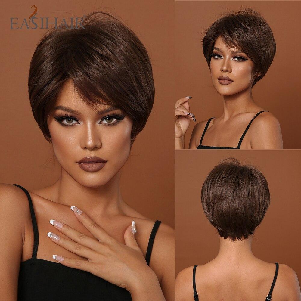 

EASIHAIR Короткие синтетические парики для женщин Коричневые парики Боб Многослойные вьющиеся волосы из натуральных волос Высокотемпературное волокно Косплей