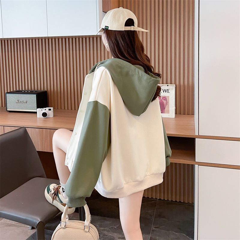 Damen Casual Neu Lockerer Cardigan Sweatshirt mit Samt und Verdickter Kapuzenjacke Locker Kontrastierend Baseball