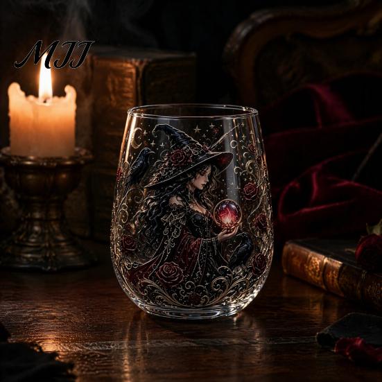 Creative Holiday Gift Fantasy Witch Glass Tea Cup, Gothic Crystal Ball Pattern Tumbler for Halloween Party Glassware Wine Juice, 320ml Vintage