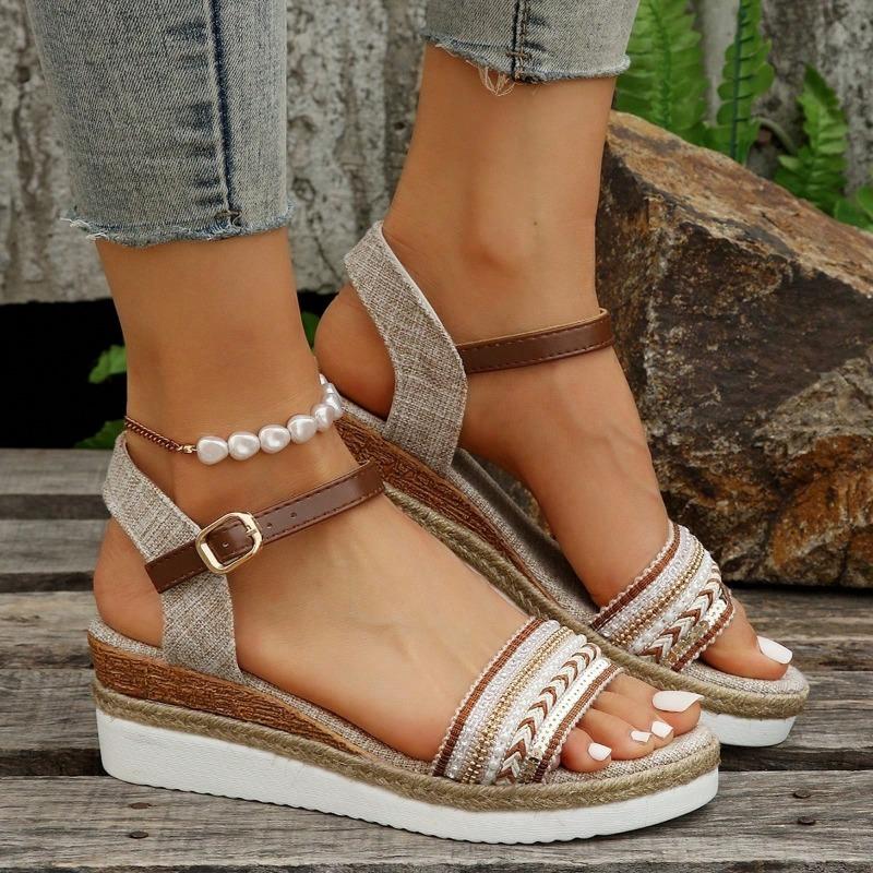 Large Size Pearl Wedge Heel Sandals Women's Summer New Hemp Rope Bottom Buckle Thick-soled Fish Mouth Sandals