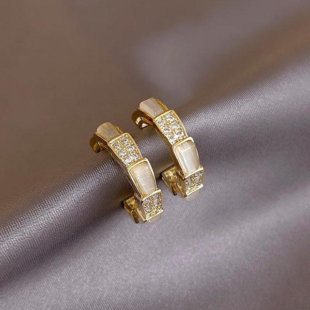 

14-каратное настоящее золотое покрытие корейские новые модные ювелирные изделия ААА циркон кошачий глаз бамбук полукруглые серьги женские вечерние серьги для вечеринок белый