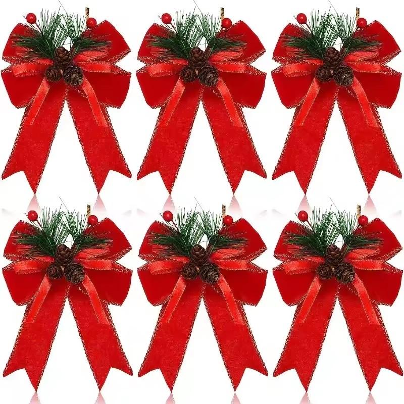 6PCS Christmas Pinecone Pine Needle Bow Christmas Grid Ribbon Bow Christmas Tree Decoration Bow Home Furnishings