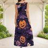 Women Plus Size Scoop Neck Sleeveless A Line Dark Purple Halloween Printed Long Dress