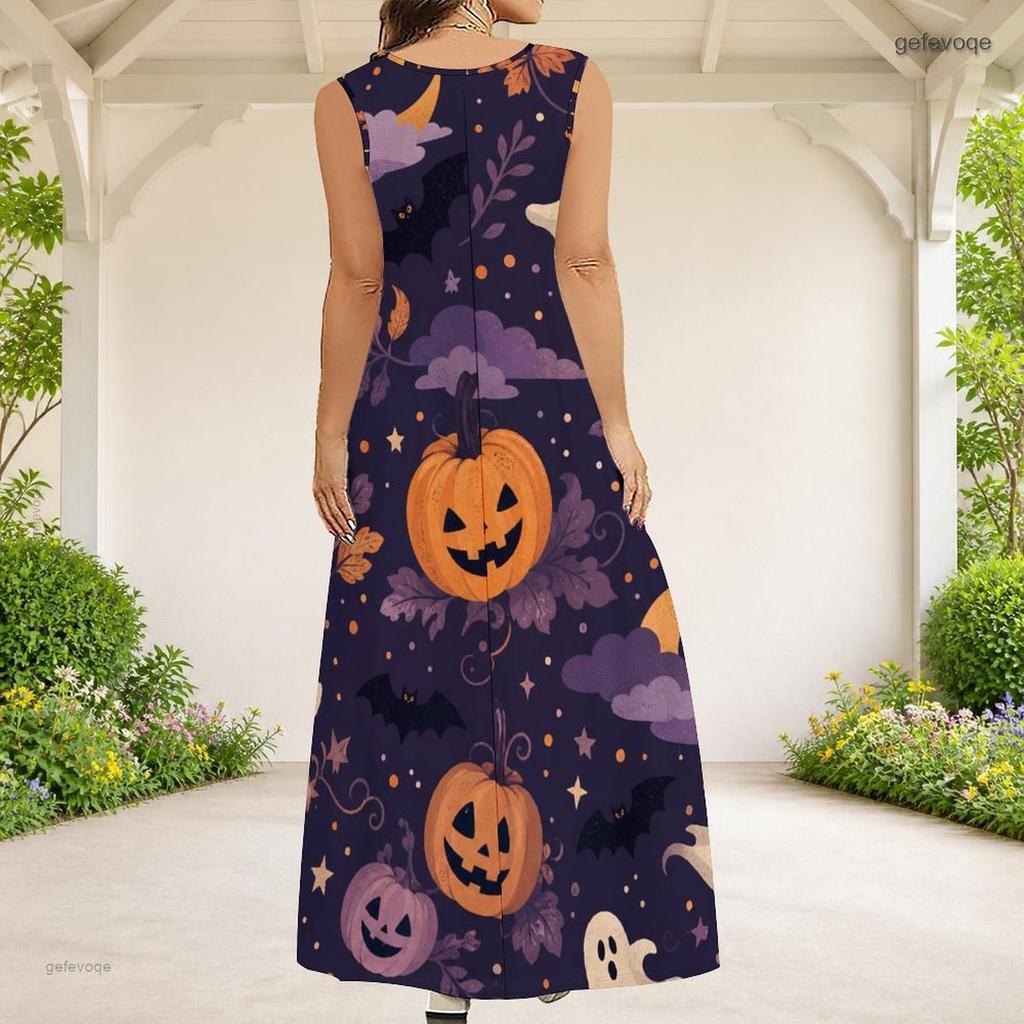 Women Plus Size Scoop Neck Sleeveless A Line Dark Purple Halloween Printed Long Dress