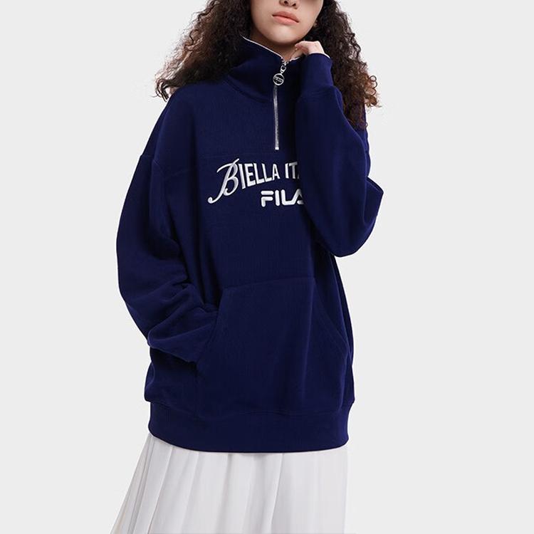 FILA American Vintage Sweatshirt Autumn Letter Print Loose Polo Neck Pullover Unisex sweatshirt Deep-Sea-Blue F11U339201FNV