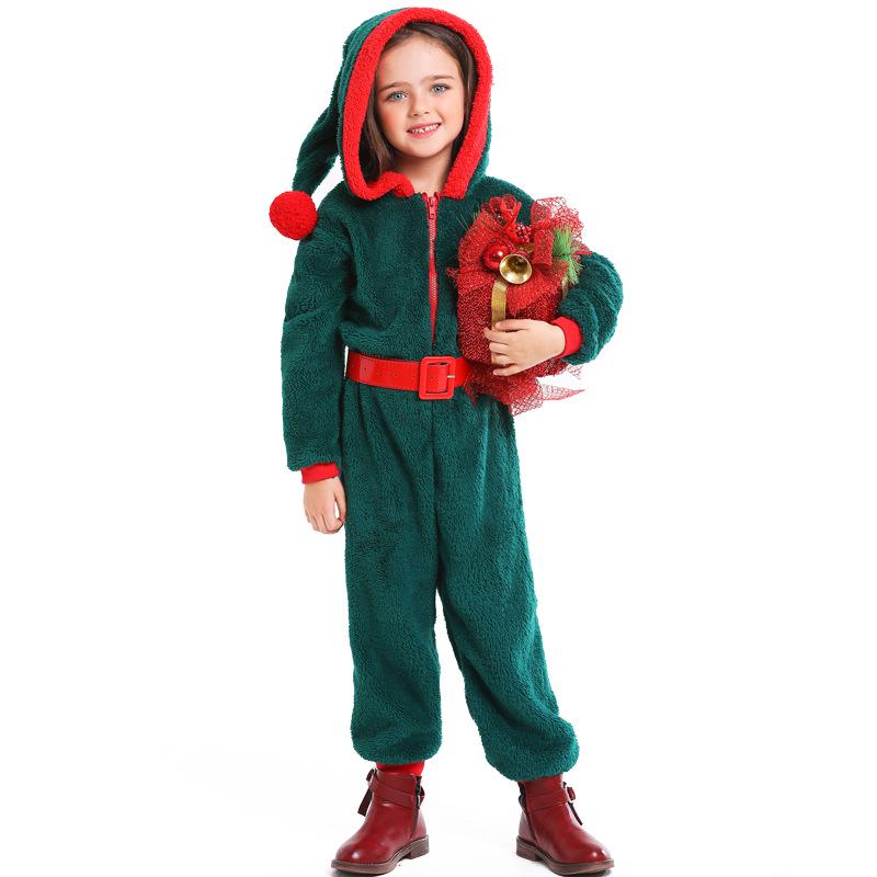 Kids Girls Christmas Xmas Green Elf Velvet Hooded Jumpsuit Belt Set Children Halloween Role Play Dress Up Cosplay Costume