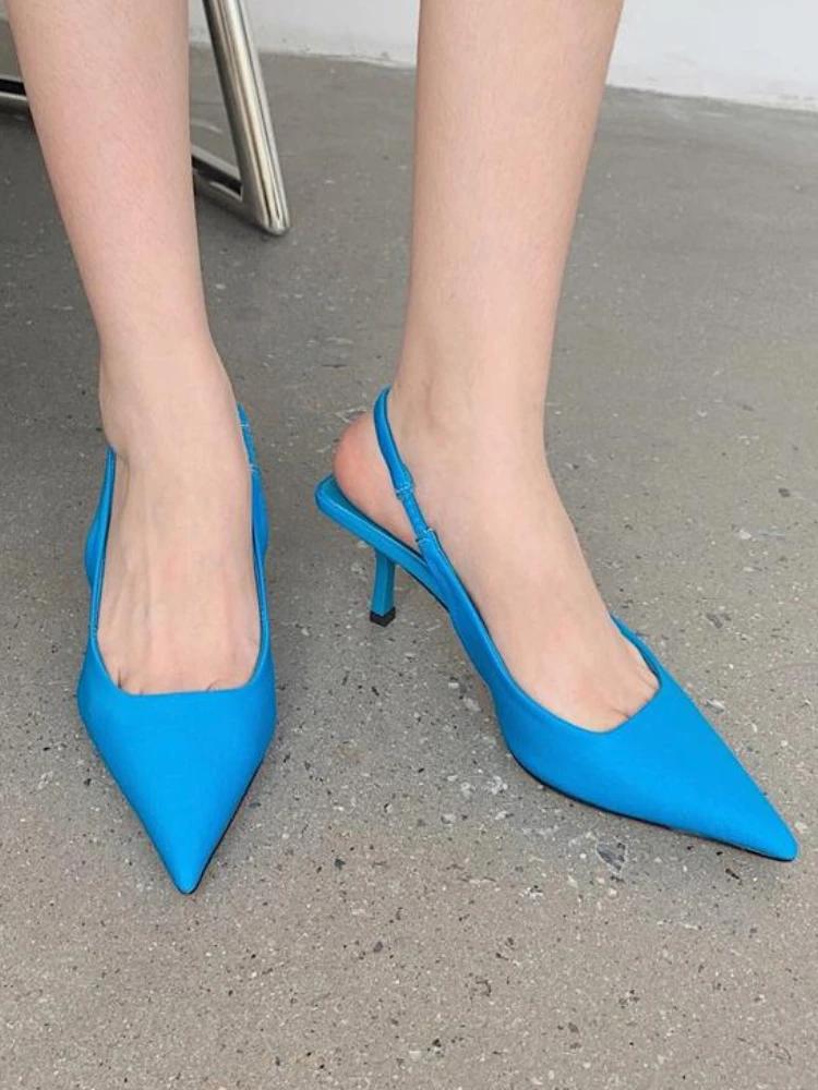 Women Simple Blue Slingback Pumps 2025 Summer Elegant Pointed Toe High Heels Shoes Woman Solid Thin Heel Sandals for Women