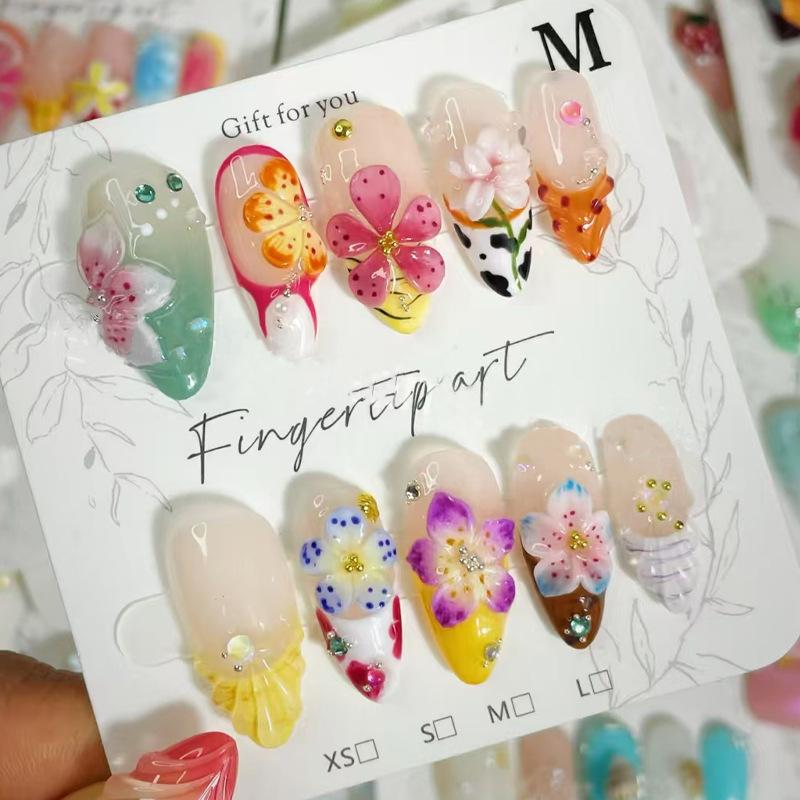 24PCS Pink Blue Gradient Almond Press on Nails Ocean Mermaid Style Nail Tips 3D Jellyfish Flower Shell Fake Nails Beach Vacation