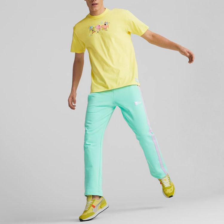 Puma X Spongebob Collaboration Solid Color Cartoon Pattern Printed Round Neck Short Sleeve T-Shirt Men Tops Light-Yellow 538958-60
