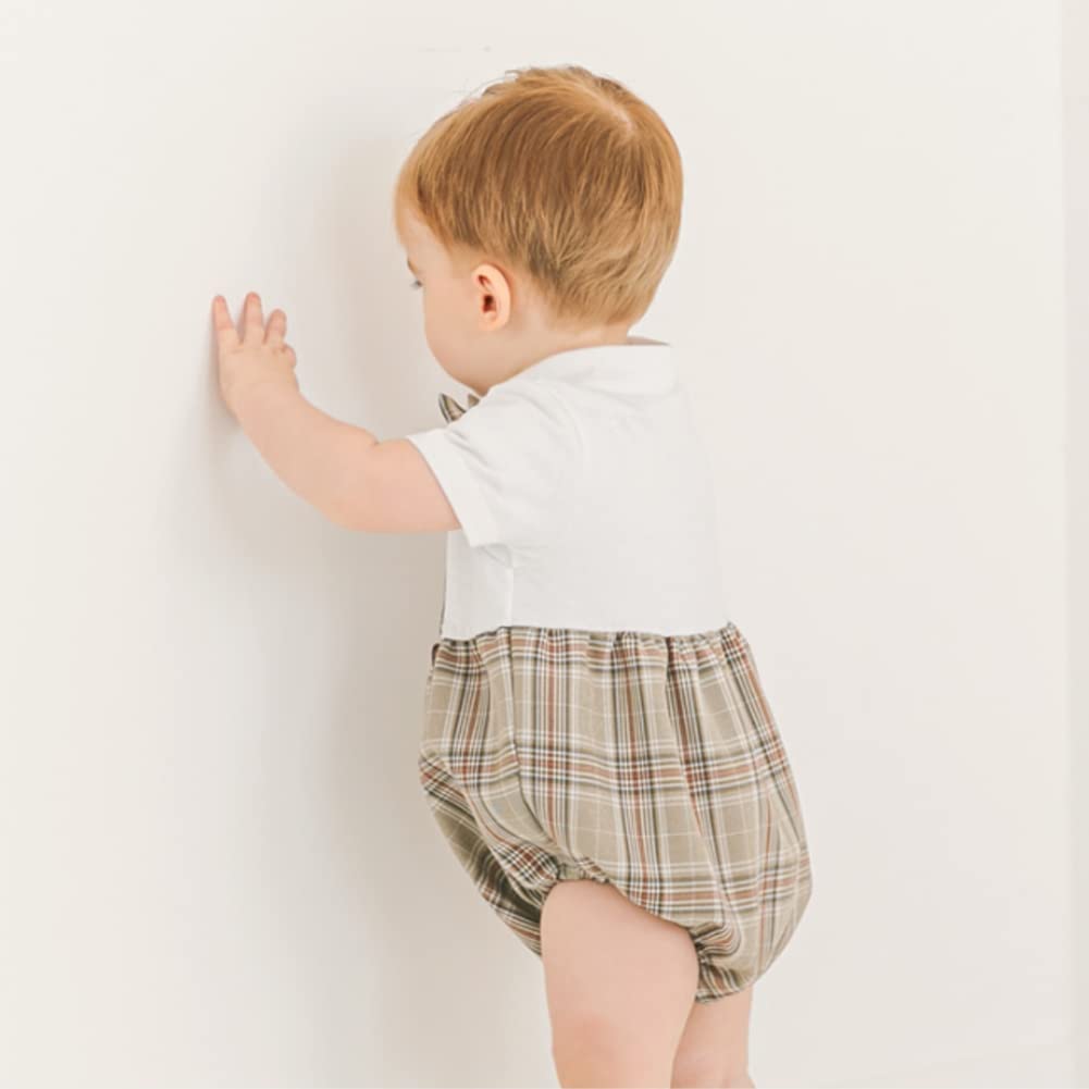 Elf Baby Layered Style Formal Short Sleeve Summer Ceremony Romper Wedding Clothes Boys [Fairy Baby] (Check Gray, 73CM)