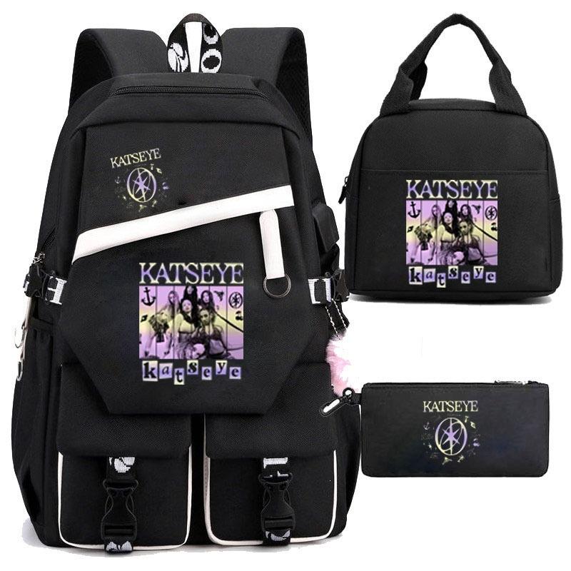 Katseye 3-in-1 School Backpack Set USB Charging Lunch Bag Pencil Case for Teenagers Students Lightweight Casual Bookbag with Large Capacity