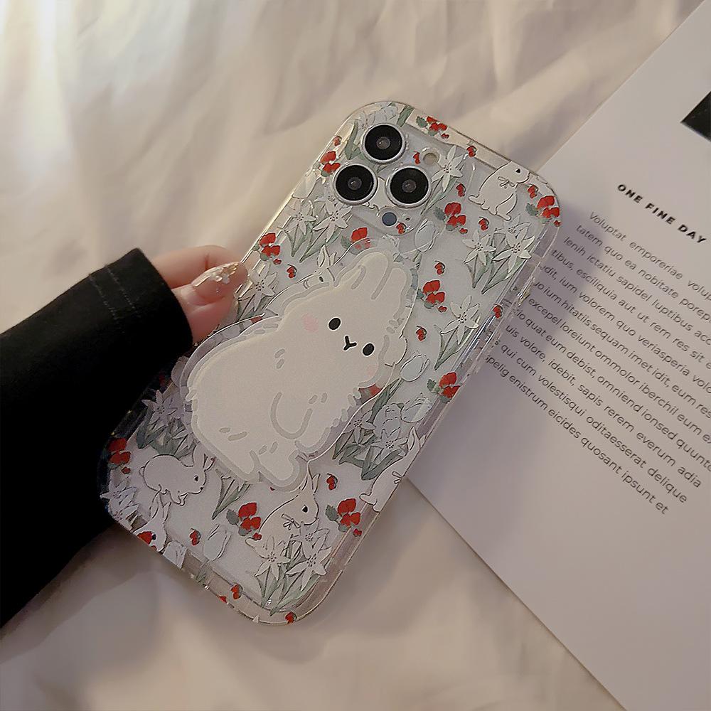Korean-style floral rabbit design applicable iphone13Apple14Phone case11Cute girl15pro max Bracket16Transparent