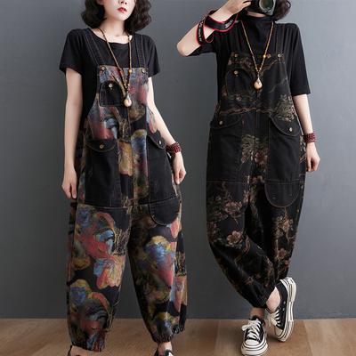 Women Printed Denim Jumpsuit Overalls Casual Loose Vintage Plus Size