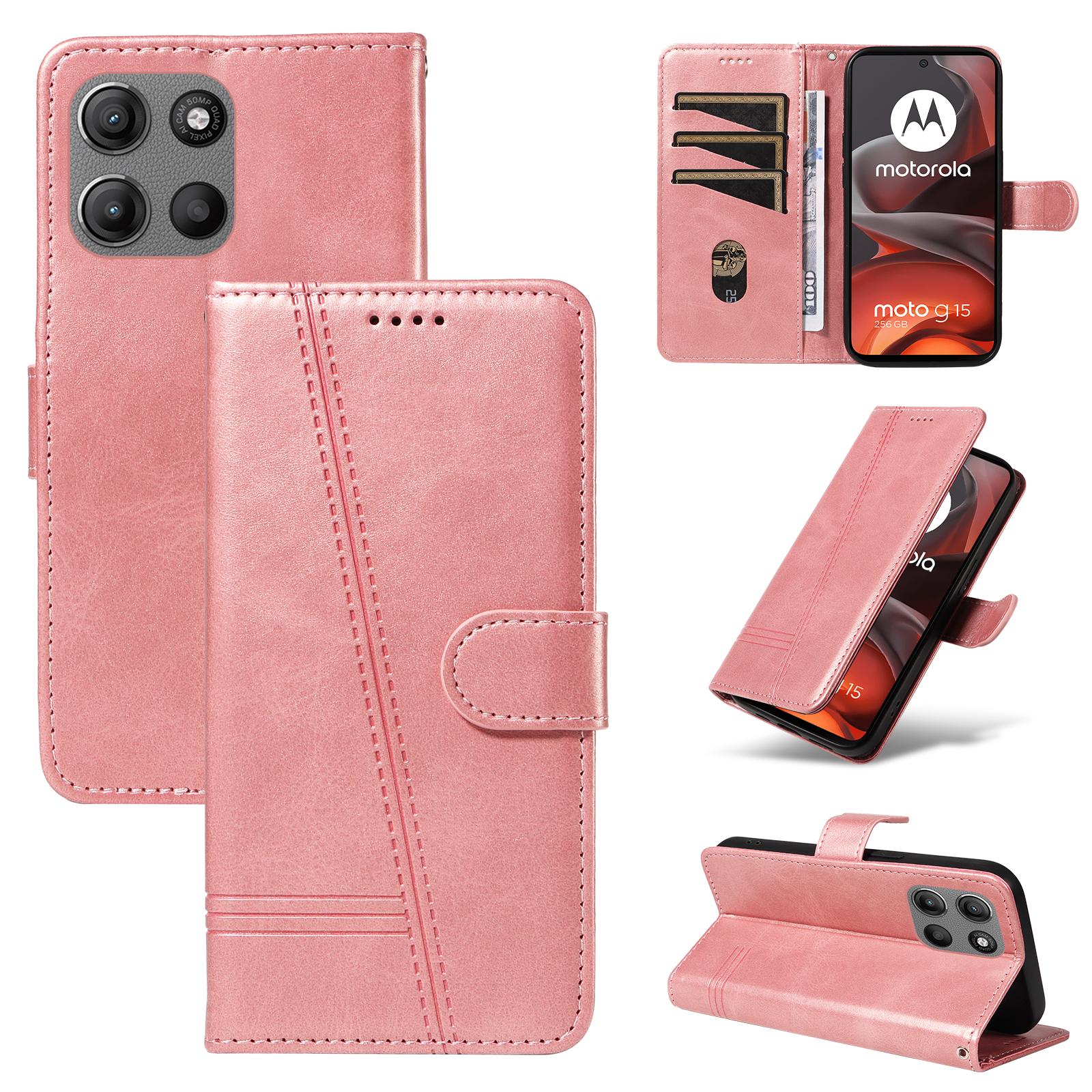 

Для Motorola Moto G15 4G Чохол-гаманець T-подібні лінії Шкіряний чохол для телефону Підставка Rose Gold