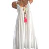 Vintage Women Lace Flower Sleeveless Solid Color Ruffle Casual Summer Maxi Dress
