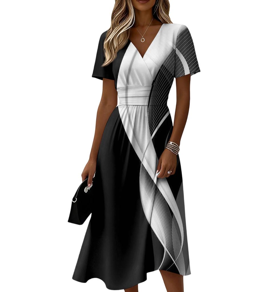 Damen-Kleid mit Blumenmuster, lässig und modisch, kurzärmelig, V-Ausschnitt