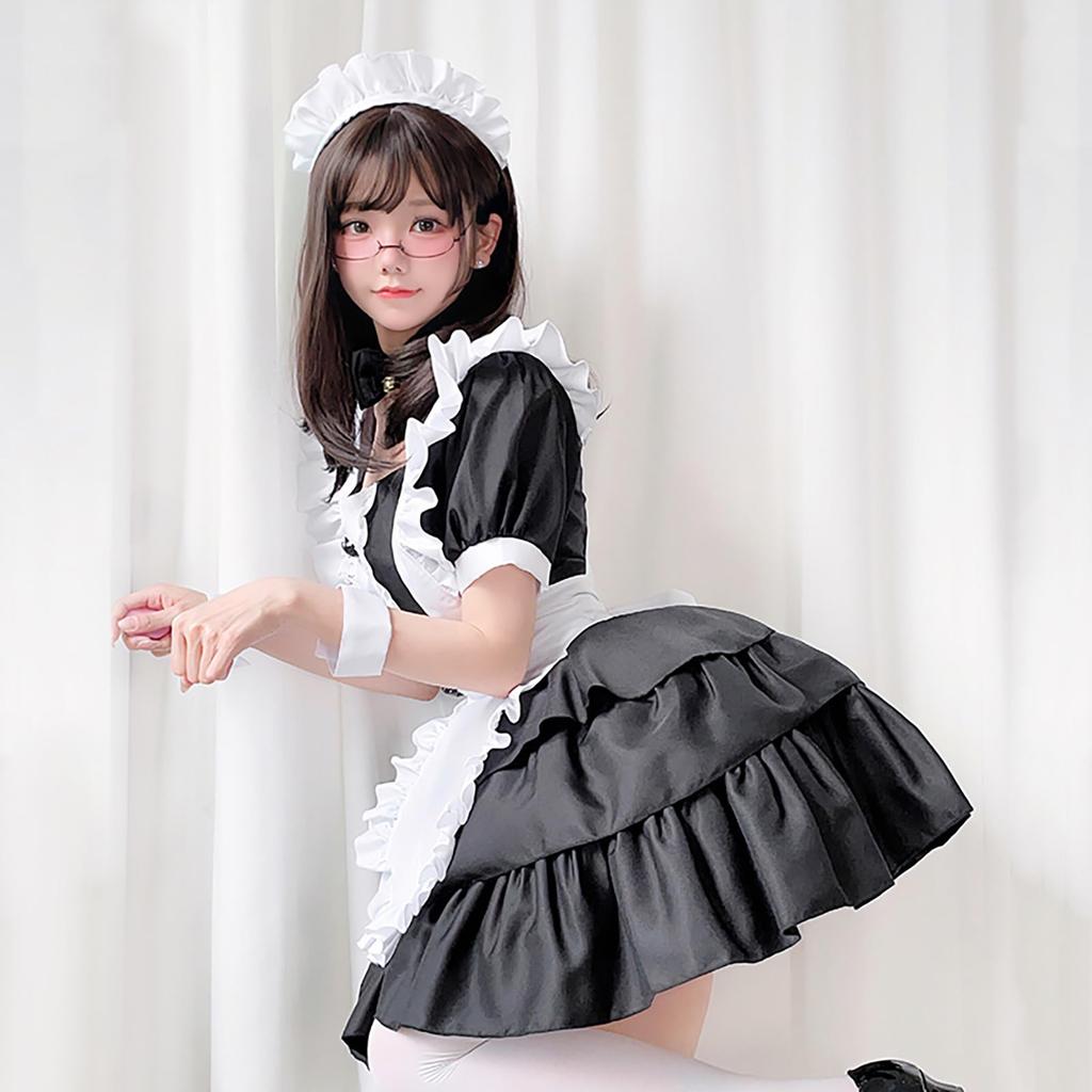 [Milky Time] Dienstmädchenkostüm, Cosplay, Halloween-Kostüm, Rüschenbesatz, Minilänge, Blume, Knopf