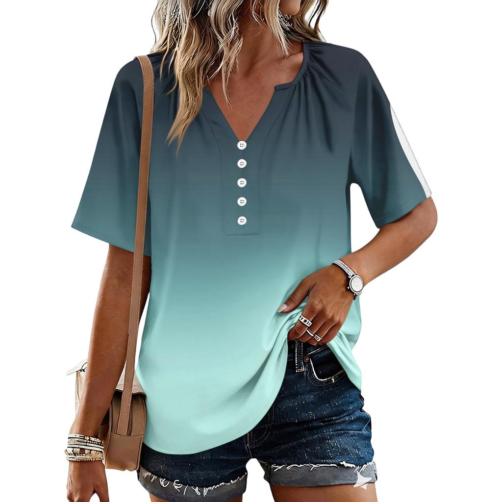 Women's Fashionable Casual Floral Print Button V-neck Short-sleeved Top