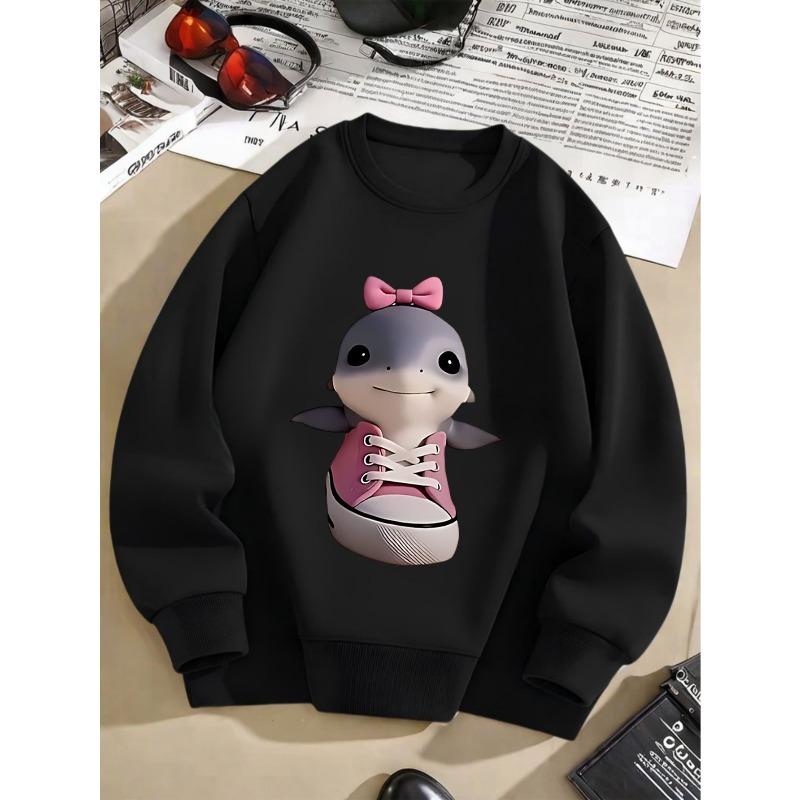 European Size ' Cute Shark Graphic Sweatshirt - Soft Pink & Cartoon Shark with Bow & Heart Eyes, Casual Long Sleeve Crewneck Sweater for Children
