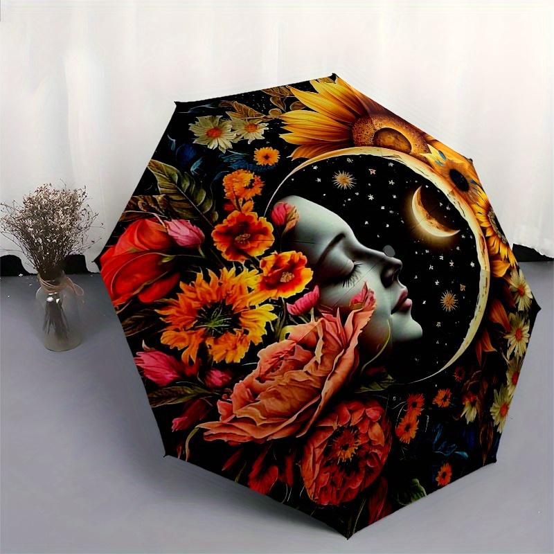 Blumenmondnacht Schirm, Tragbarer 3-fach Schirm für Damen & Herren, Weihnachtsgeschenk ES74
