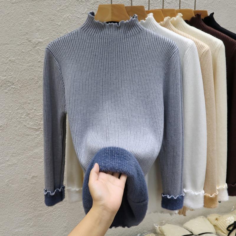 Half High Collar Warm Fleece Pullover Sweaters for Women Autumn and Winter Thick Knitted Sweater Solid Base Long Sleeve Casual Ladies Knitwears 24951