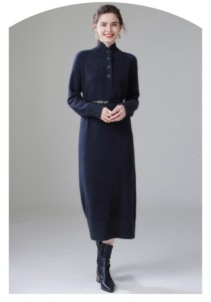 Women's High-Neck Cashmere Knit Dress - Button-Up, Knee-Length, Thick for Autumn/Winter