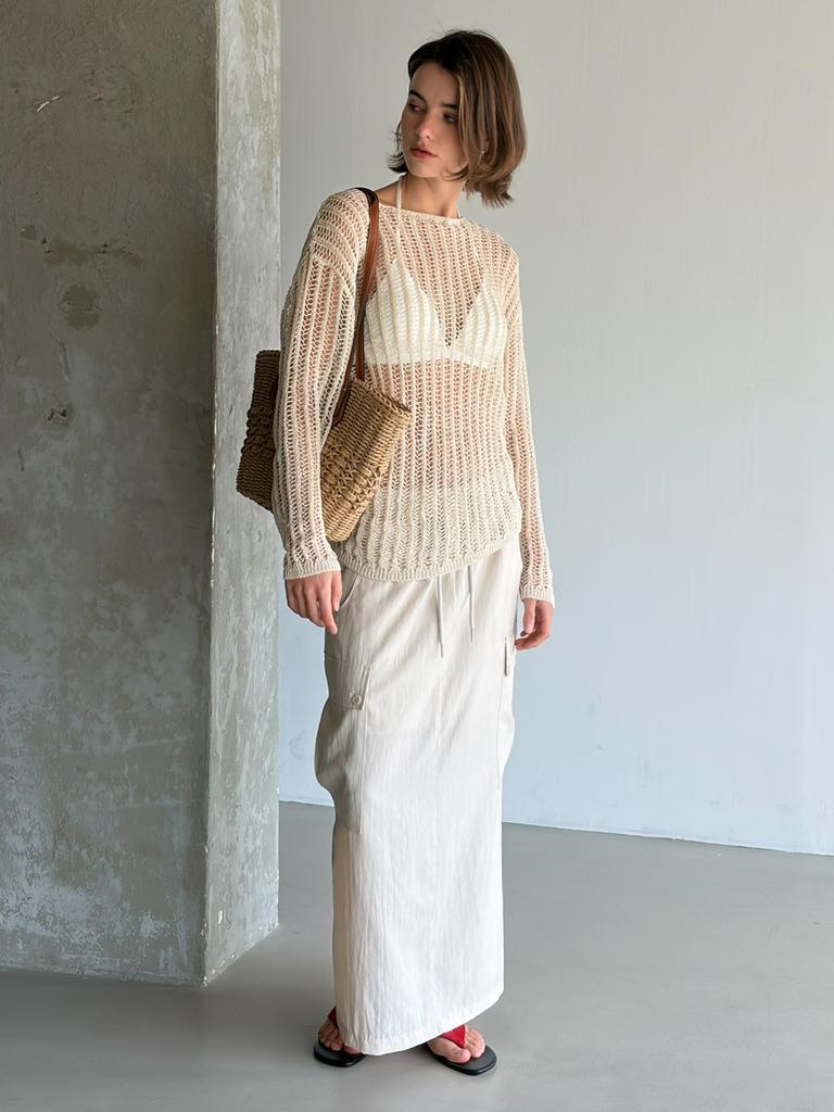 Kelidu Big Pocket Cargo Maxi Skirt_Beige