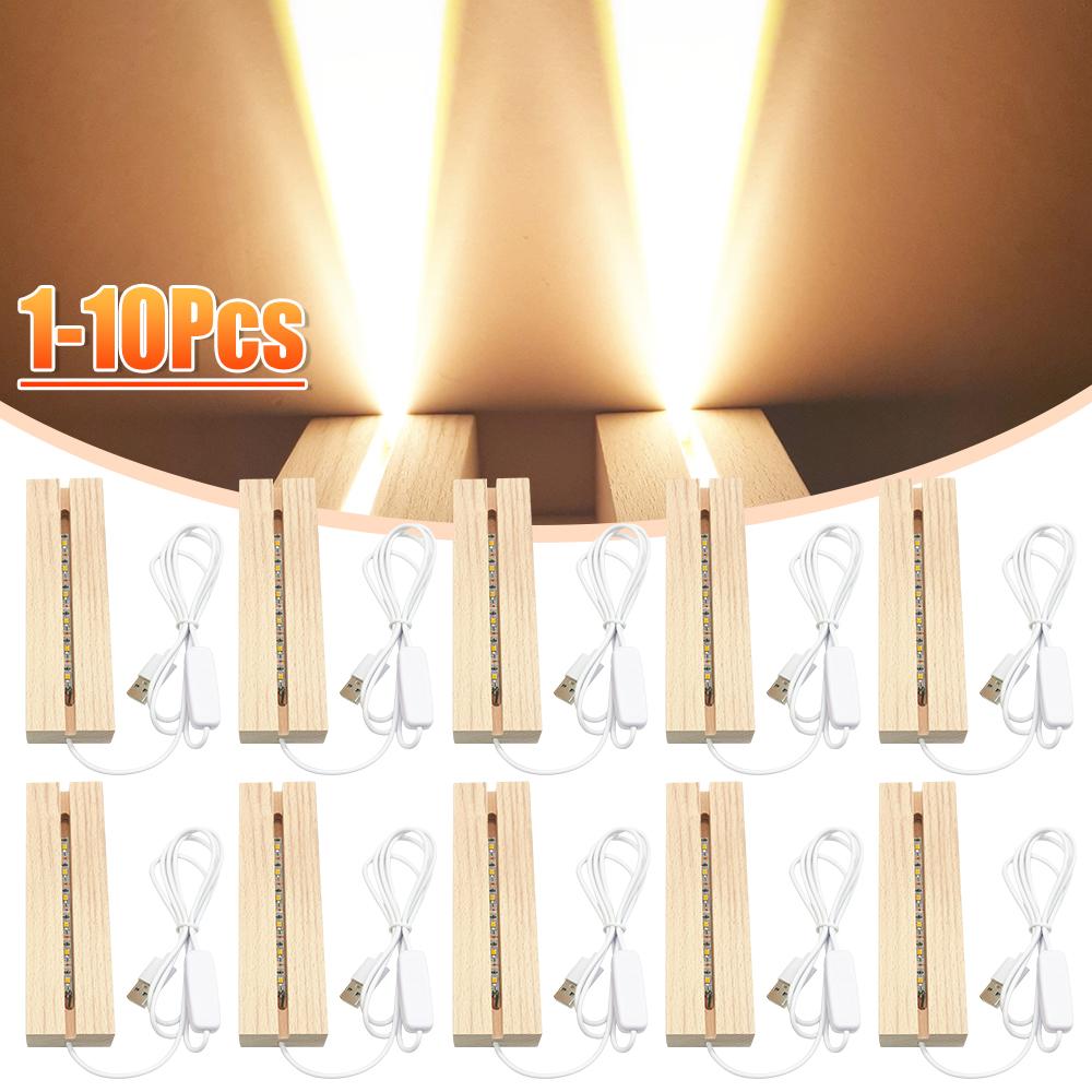 1-10PCS LED Wood Light Display Crystal Wooden Lighted Stand Acrylic Light Plate Base USB Wooden Base Desktop Decor Night Light