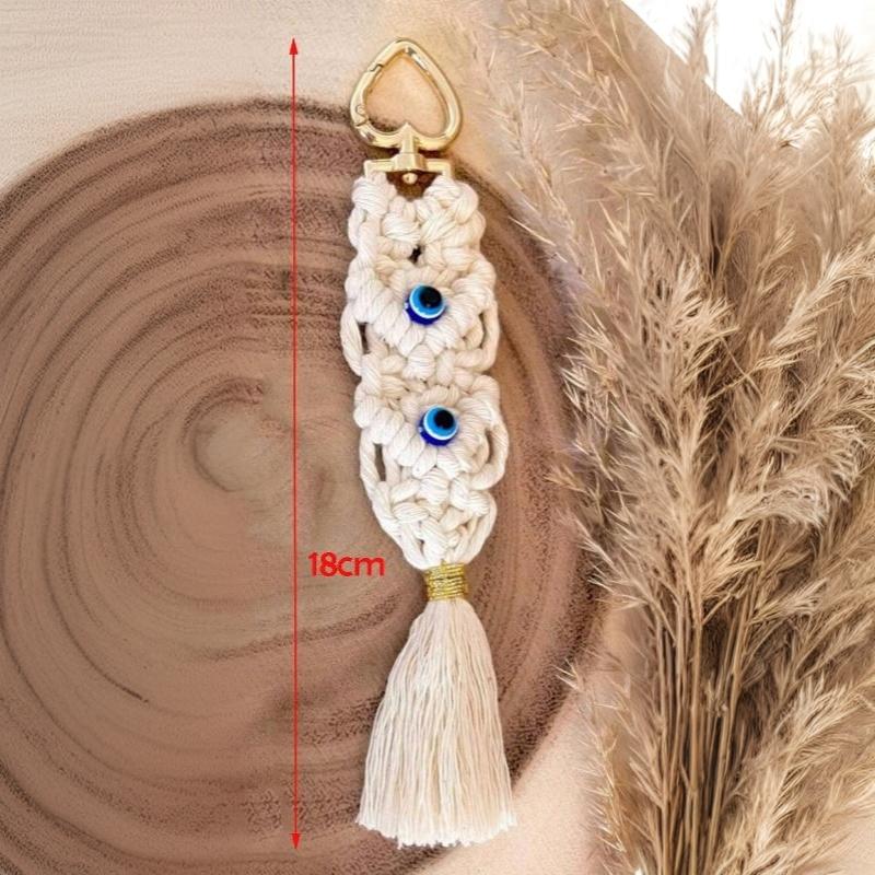 Macrame Eye Keychain Handcrafted Boho Woven Tassel Bag Charm Ethnic Style Key Ring for Travel Souvenir Car Key Pendant