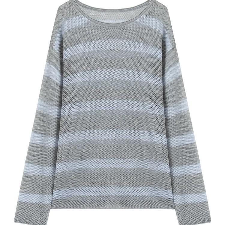 Women's Summer Striped Linen Knitwear: Openwork Long Sleeve Loose T-shirt Cardigan