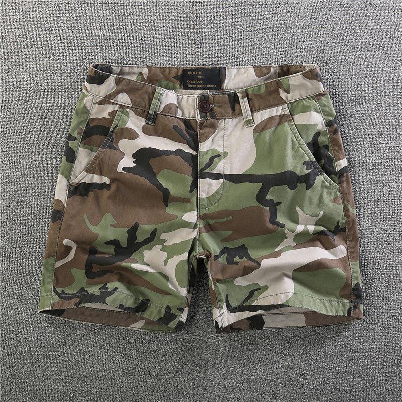 Shawn Yue Men's Loose Straight Camo Cotton Shorts - Elastic Waist, Casual Retro Design.