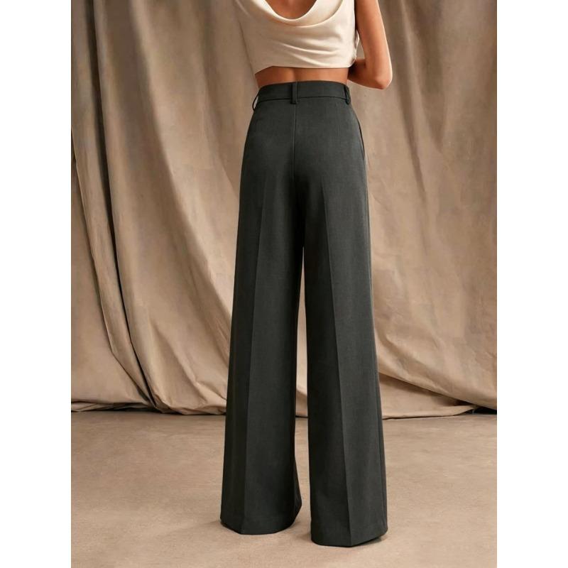 Women Solid Wide Leg Formal Trousers Office Style