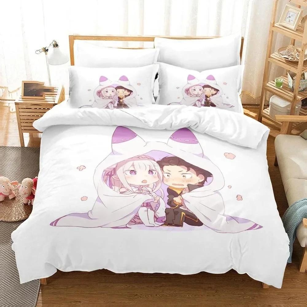 

3D Anime Re Zero Rem Ram Emilia Bedding Set Duvet Cover Sheet Printed Bed Set Pillowcase Full Queen King Size Comforter Bedroom 70x133cm 2pcs