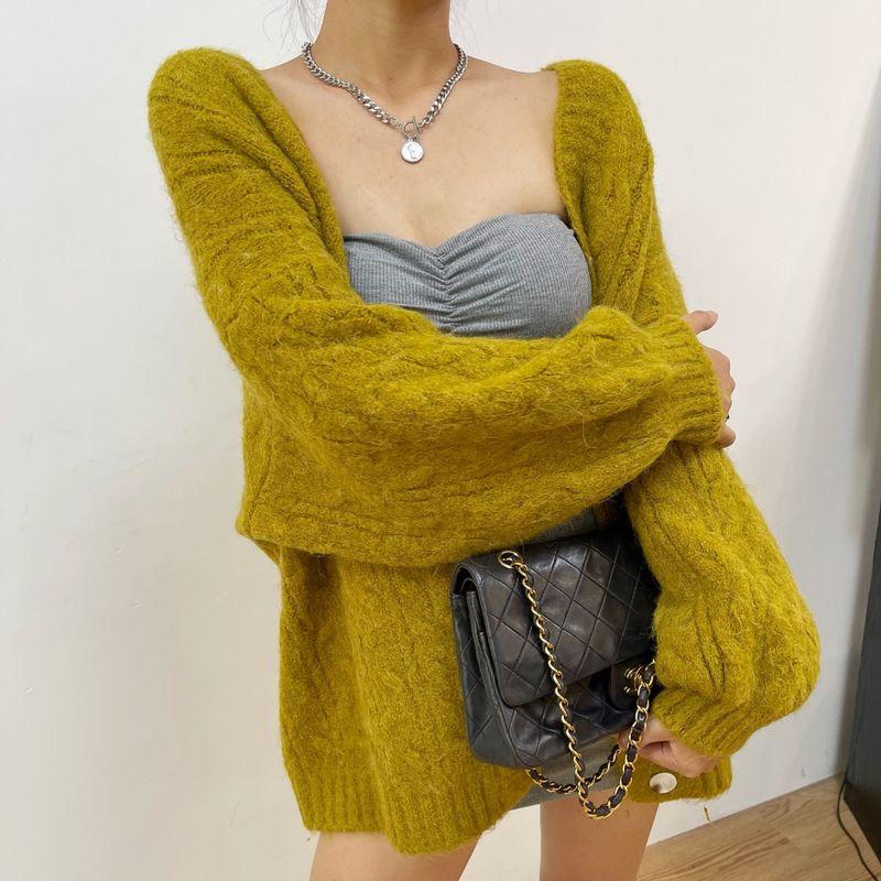 

Lazy LLD Super Loose Mink Velvet Winter Large V-neck Sweater Mustard Green One size