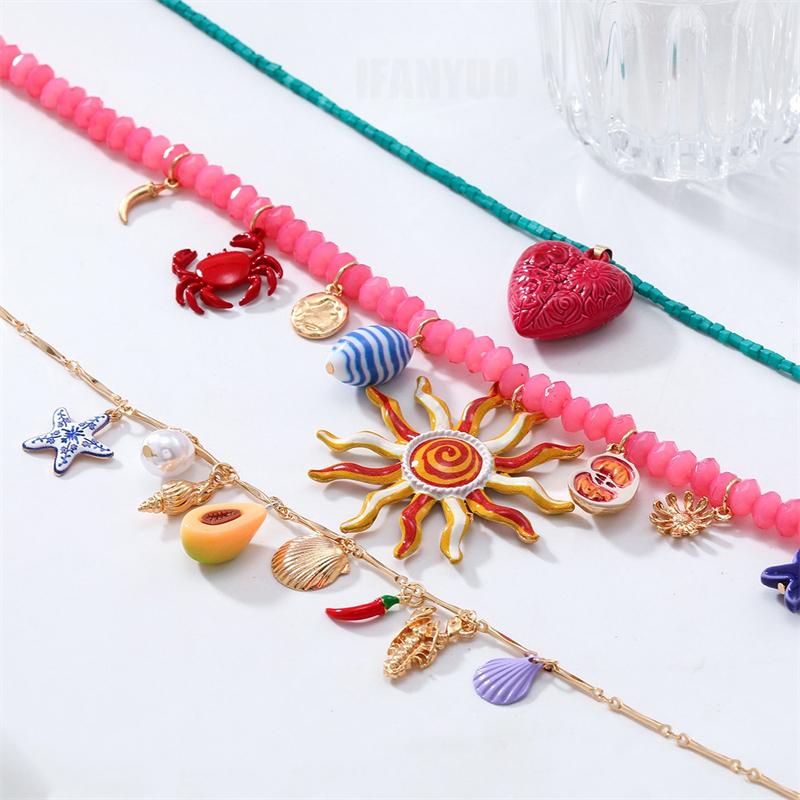 2025 New Colorful Resin Beaded Charms Necklaces for Women Summer Ocean Vacation Style Beach Party Zircon Neck Accessories
