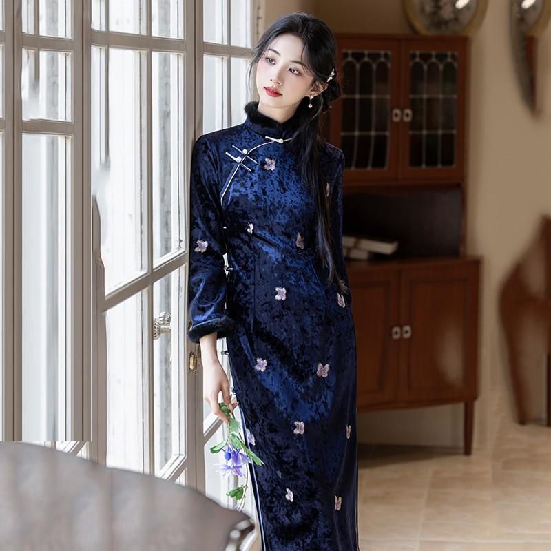 Womens Long Sleeve Velvet Winter Qipao Dress Vintage Chinese Style Modernized Fit
