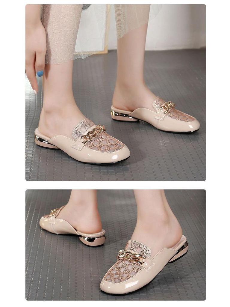Summer 2025 Women's Chain Mesh Pointed Toe Chunky Low Heel Mules