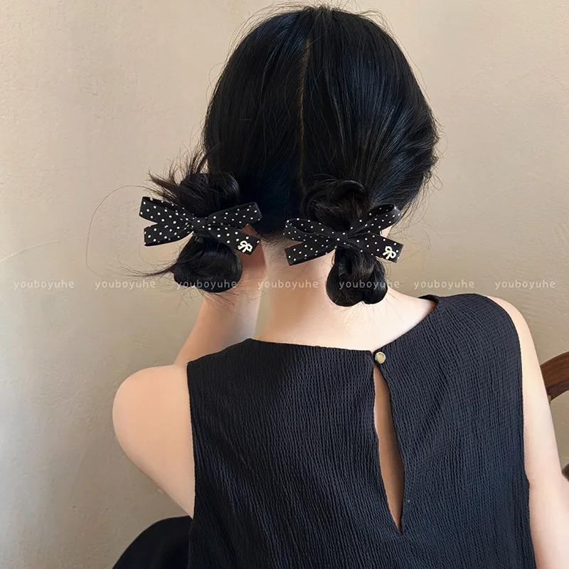 2Pair Black and White Polka Dot Bow Hair Clip Small Fresh Fabric Side Clip Girl Simple Daily Headwear Set Hairbows for Girls