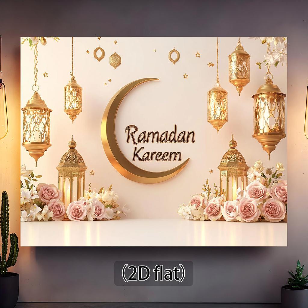 Ramadan Kareem Islamic Festival Tapestry Golden Crescent Moon Lanterns Pink Roses Religious Celebration Wall Hanging for Muslim