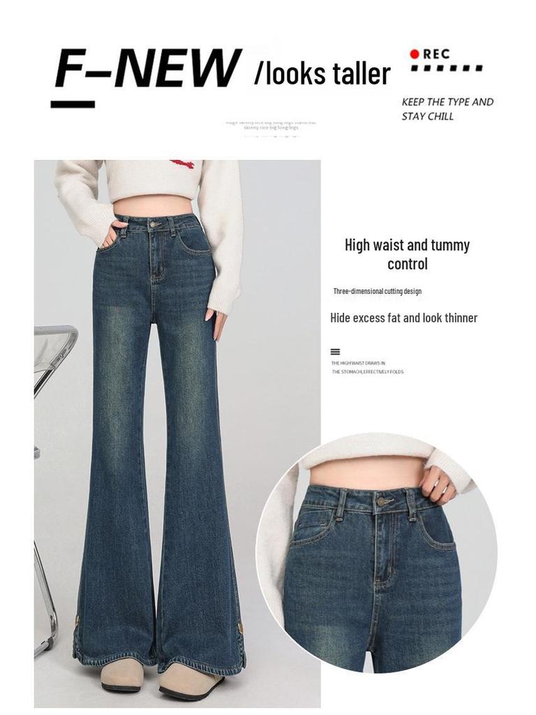 Spring Women's Plus Size Micro-Flare Elastic Jeans - Loose Slimming Split Cropped Pants for Petite