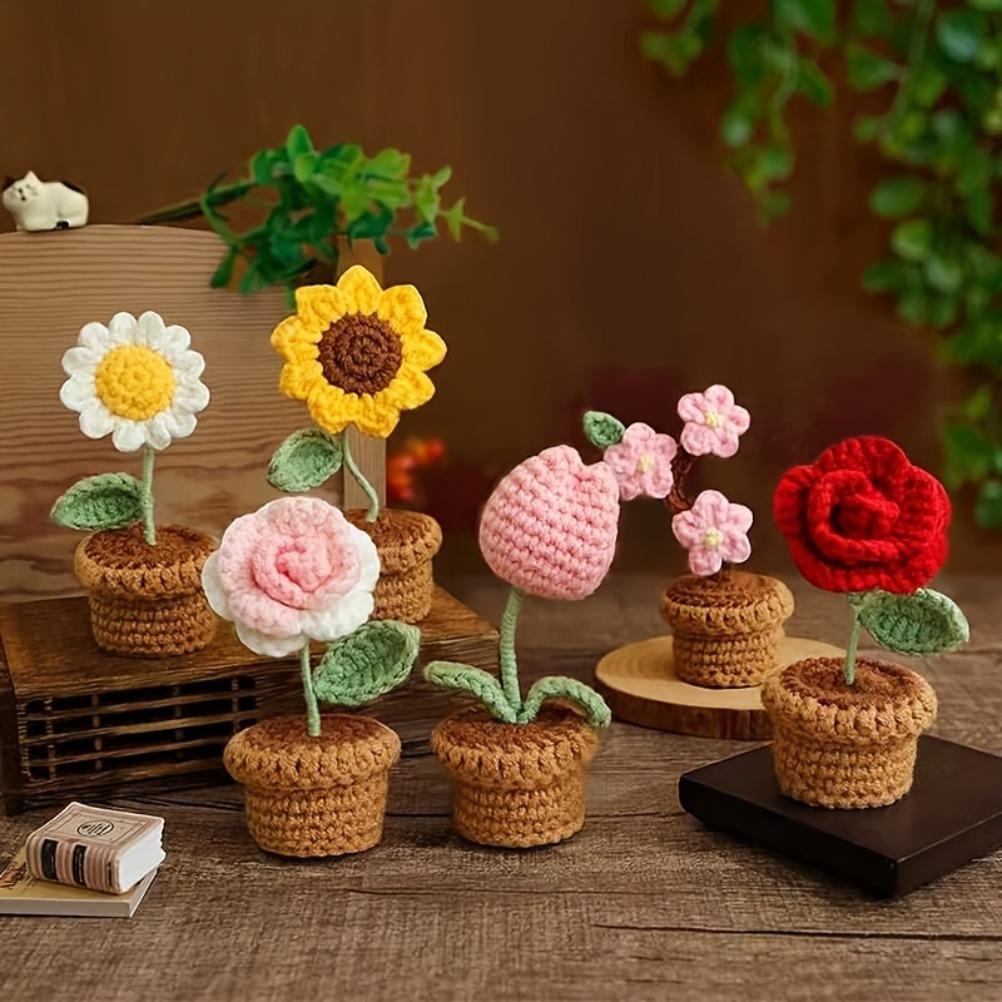 Simulated Flower Hand Woven Small Potted Plant Tulip Sunflower Hook Weaving Desktop Decoration Simulated Flower Ornament Gift