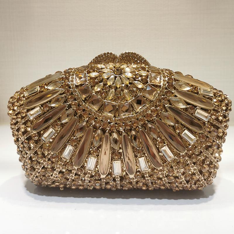 Glass Rhinestone Evening Bags Clutches Wedding Purses Champagne/Gold Crystal Handbags For Girl Lady Diamond Party Formal Purse 19cmX12cmX6cm